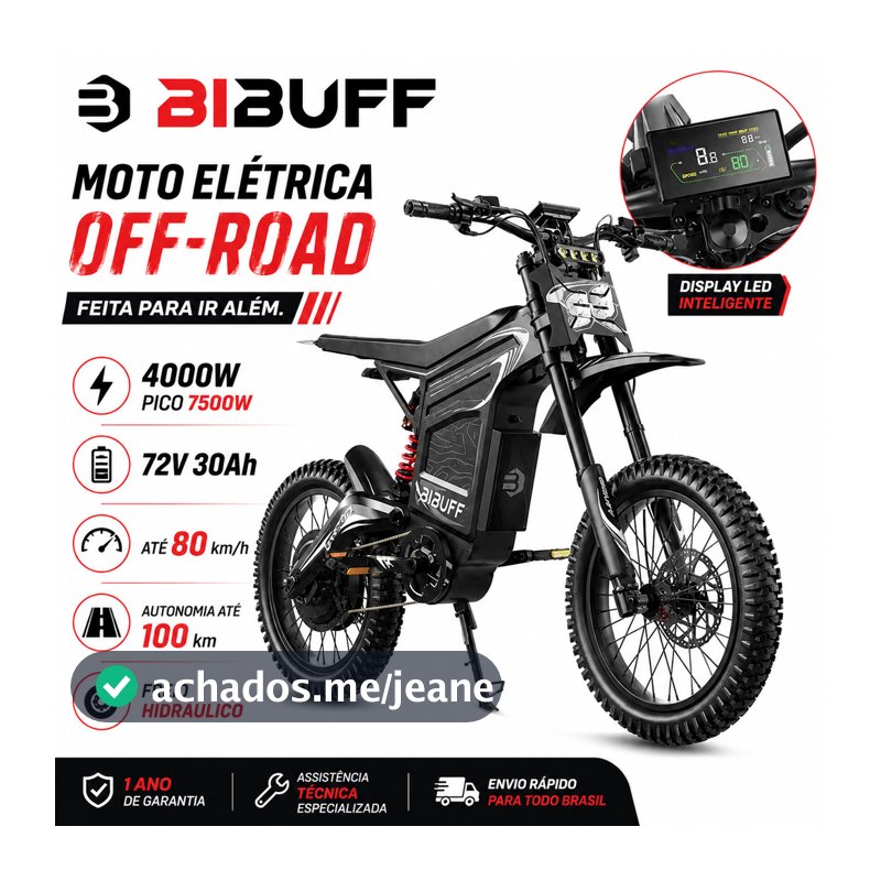 BIBUFF GT600 Moto Elétrica Off-Road 4000W Pico 7500W 72V 30Ah Até 80km/h Autonomia Até 100km Freio Hidráulico