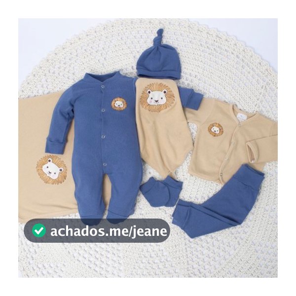 Kit Maternidade Leãozinho 7 Peças 100% Algodão Completo Saída Maternidade Bebê Menino Marinho e Bege