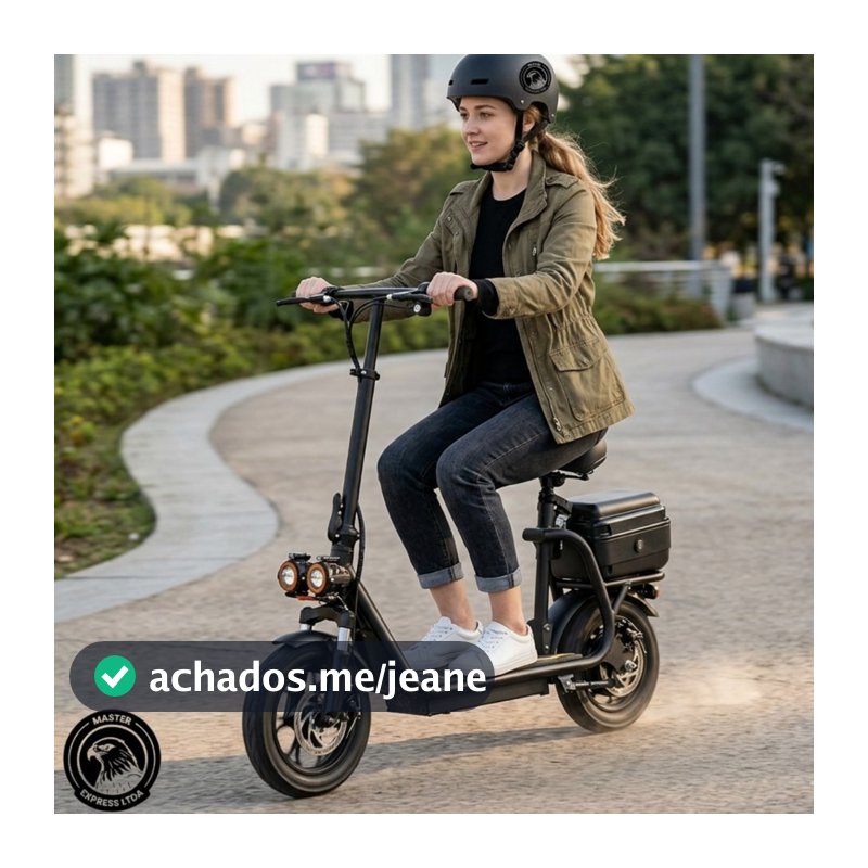 Scooter Elétrica 500W 48V com Banco, Baú Traseiro, Caixa de Som Bluetooth, LED e Freio a Disco