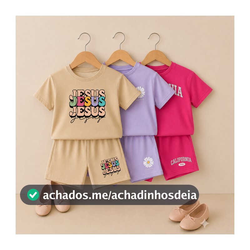 Kit Infantil 6 peças 3 conjuntos menina  short e camiseta  off jesus lilás florz pink california