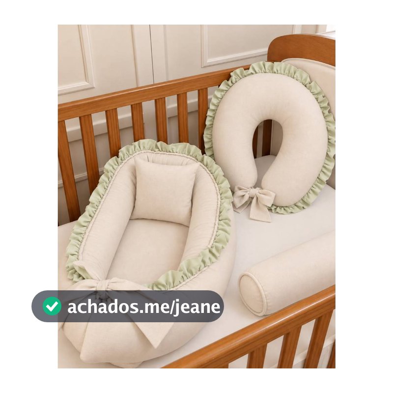 Kit Ninho Redutor + Almofada Amamentação 100%  ALGODÃO Babado Palha com Verde Claro