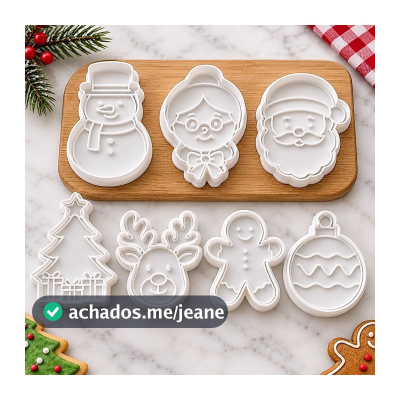 Kit 7 Cortador de Biscoito Natalino com Marcador Carimbo para Massa Cookie Confeitaria Natal