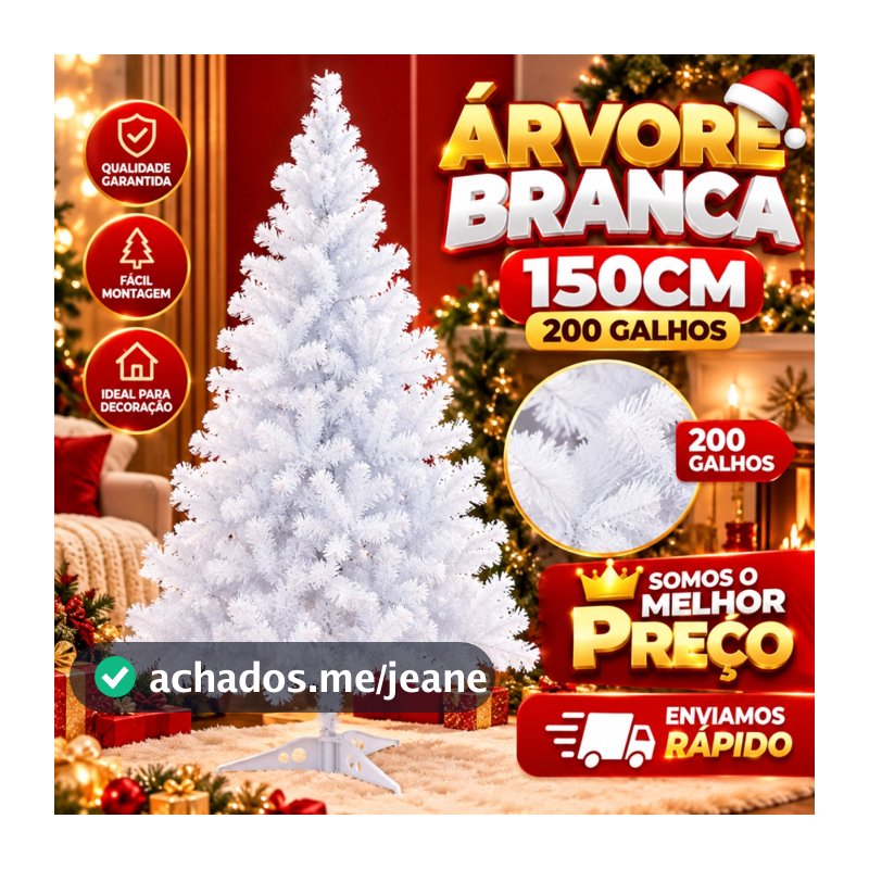 Árvore Natal 150cm 200 Galhos Grande Pinheiro Natalino Branco
