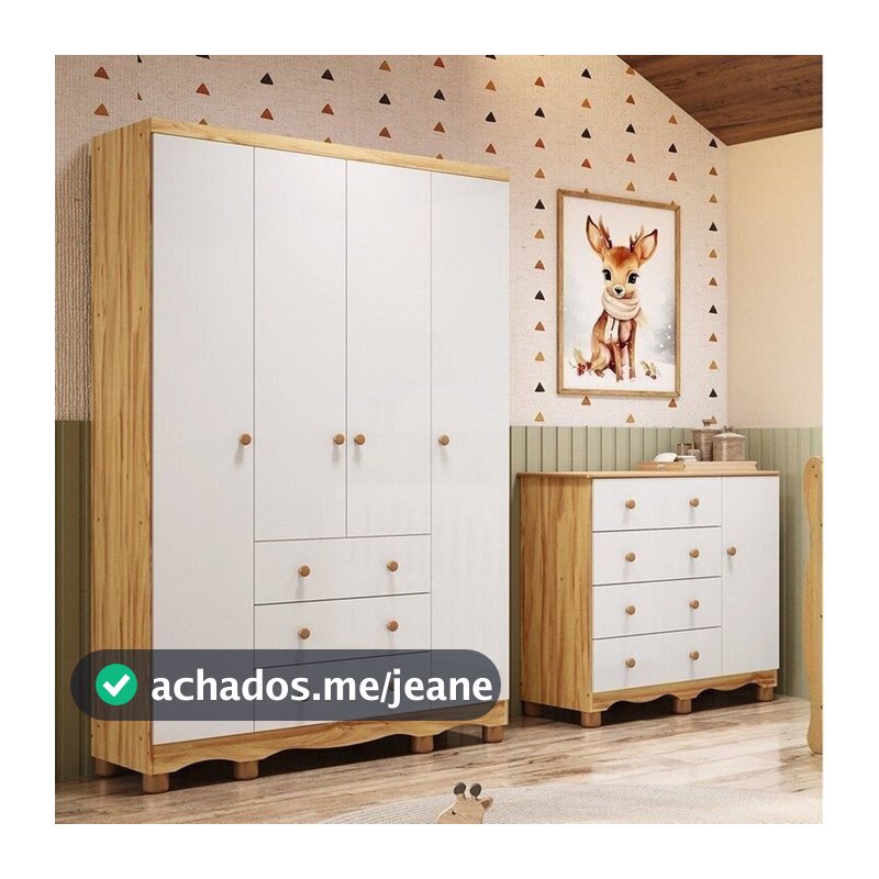 Quarto Infantil com Guarda-Roupa 4 Portas e Cômoda 1 Porta 100% MDF Mimo Espresso Móveis Branco/Brilho/Amêndoa Branco