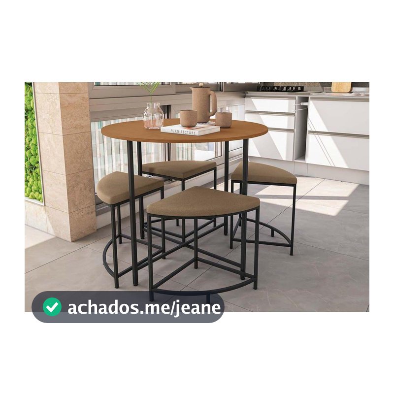 Mesa de Sala Jantar LI038 c/Tampo Madeirado 90 cm + 4 Banquetas Freijó/Preto Fosco - Kappesberg