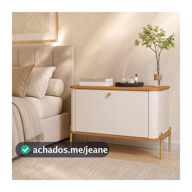 Mesa de Cabeceira com 1 Porta Off White/Nature com Pés e Puxadores Dourados Design Moderno - JB