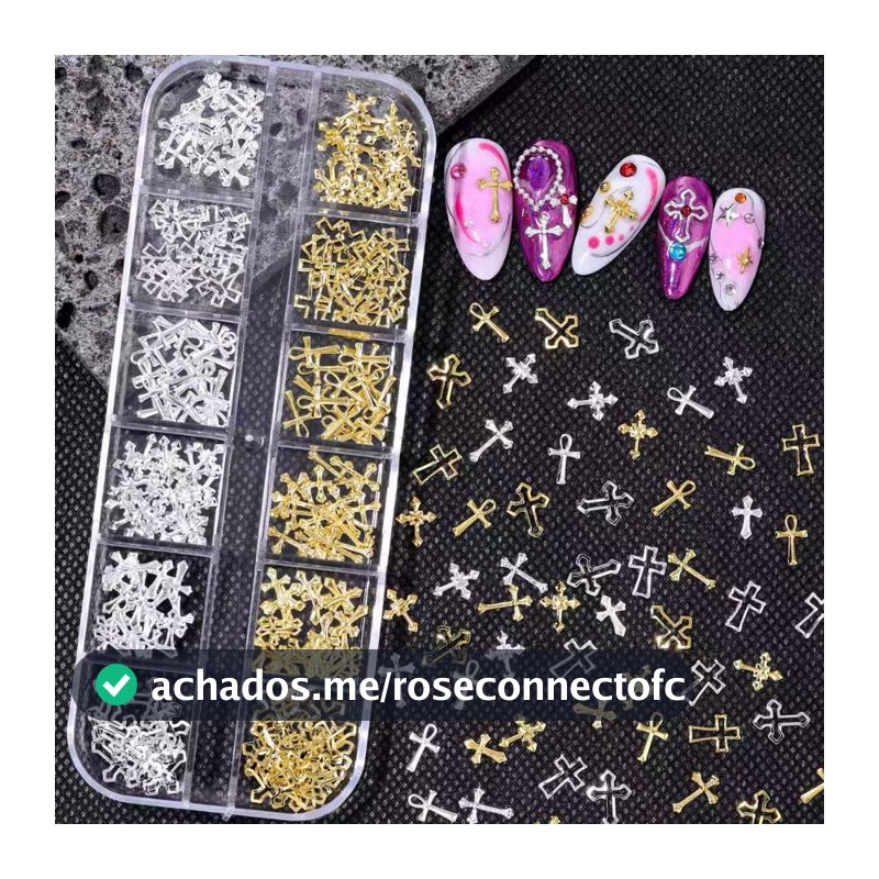 Caixa de Arte Unhas Dourado e Prata 3D/Designs Vintage Punk de Cruz de Liga Metálica para Decoração de Unhas