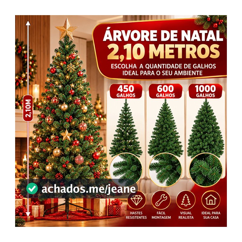 Árvore de Natal Pinheiro Verde 2,10 Metros 450 600 1000 Galhos Decoração Natalina Cheia Luxo Pé de Ferro