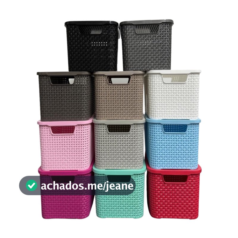 Kit 6 Caixas Organizadoras Rattan 3,5L com Tampa Resistente Empilhável Multiuso Decorativo para Casa e Escritório
