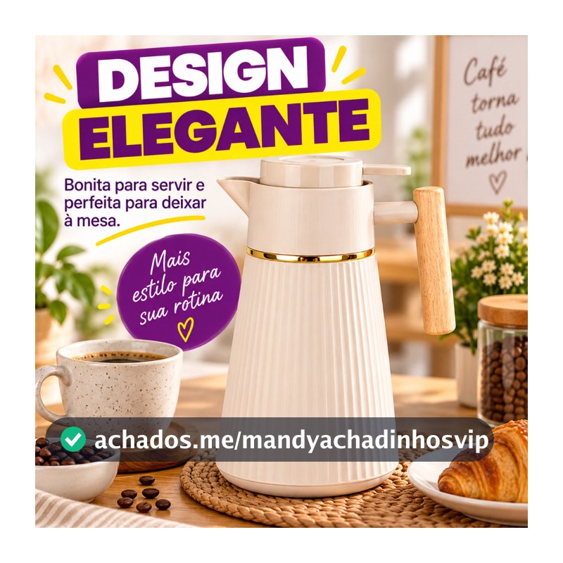 Garrafa Térmica Café 1L com Aro Dourado Alça Madeira 3 Cores