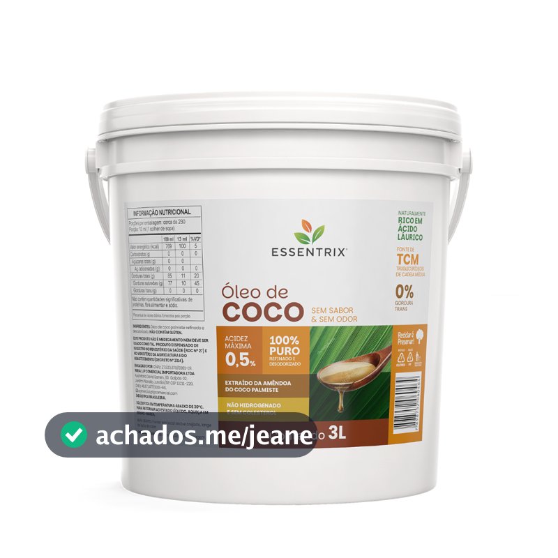 Óleo De Coco Sem Sabor Sem Glúten Sem Colesterol ESSENTRIX - Balde 3 Litros