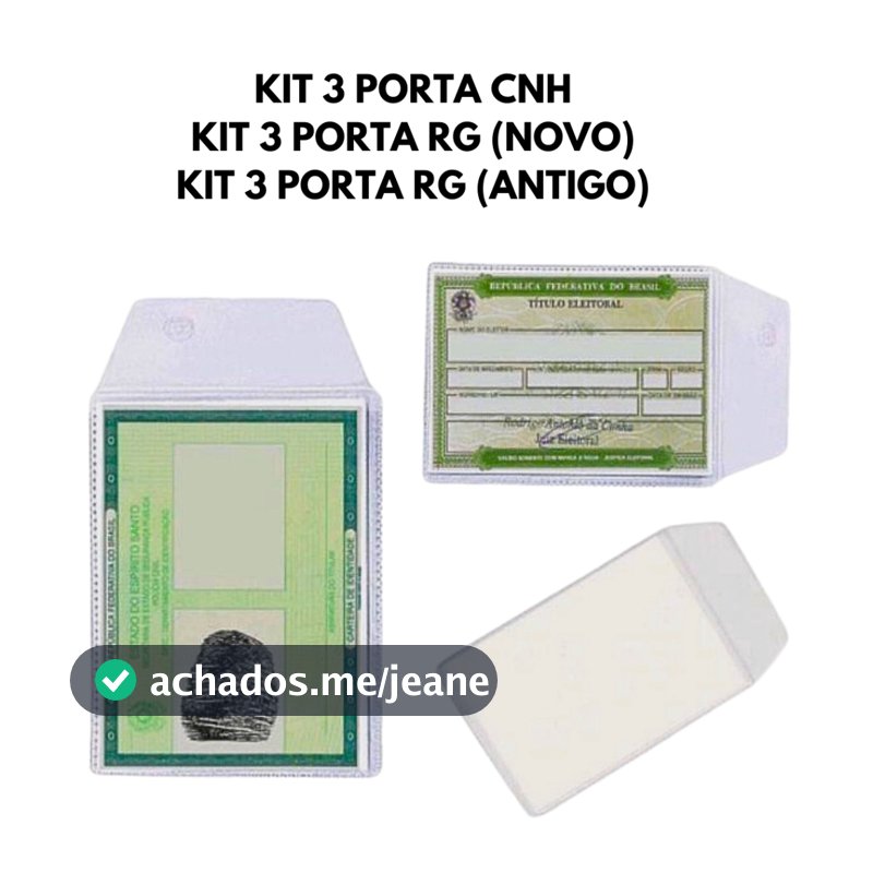 KIT 3 Unidades Porta RG ANTIGO / CNH / RG NOVO / Porta Documento Transparente de Plástico (PD01)