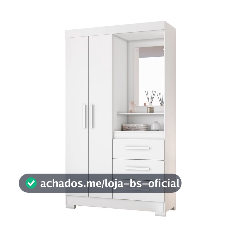 Guarda-Roupa Closet Roupeiro de Solteiro com Espelho 6020 2 Portas e 3 Gavetas Compacto Branco Com Rosa - Notavel