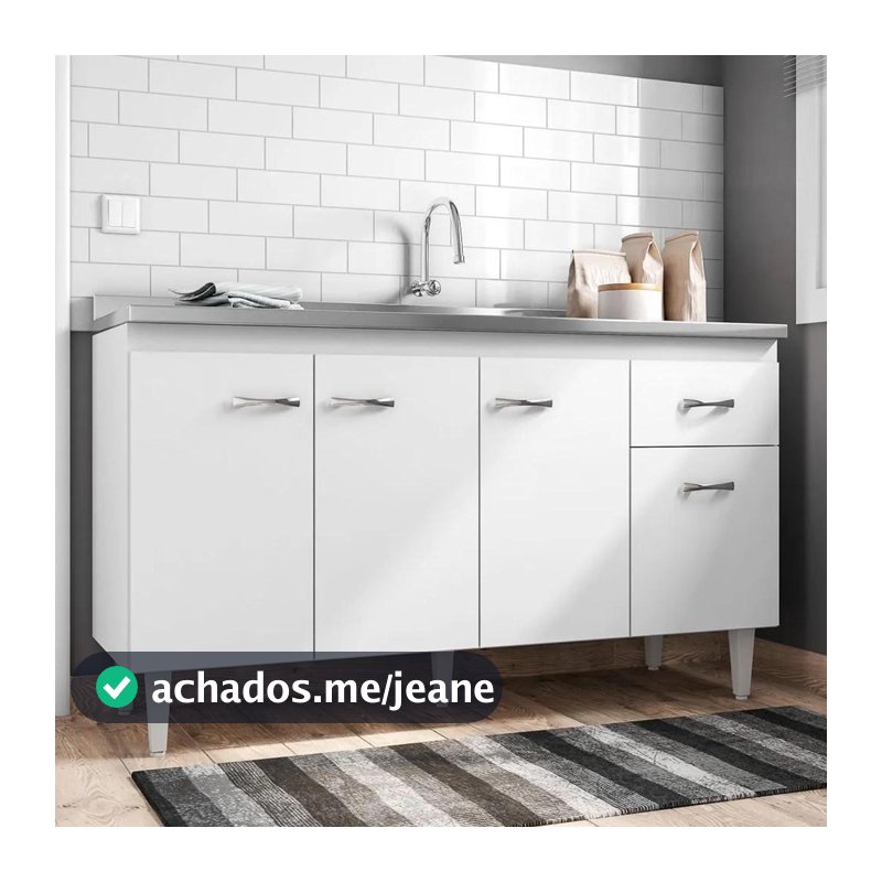 Balcão Gabinete Com Pia Inox 150cm 4 Portas Gabriela Branco/Preto - AJL Móveis