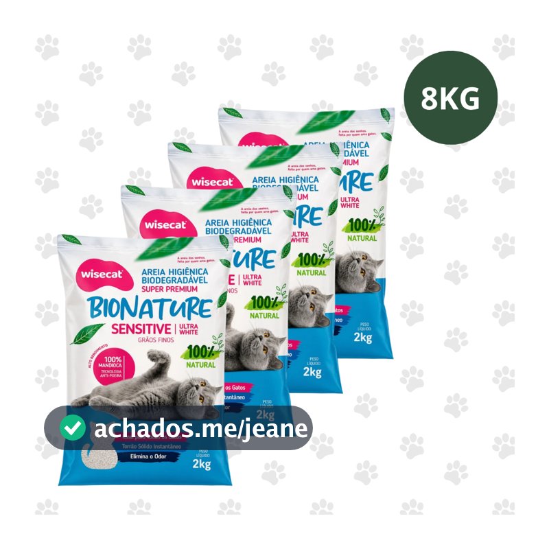 Kit 4 Areias Mandioca Para Gatos Biodegradavel Sensitive 100% Natural Elimina Odor Torrão Premium  8kg(4 Pacotes de 2kg)