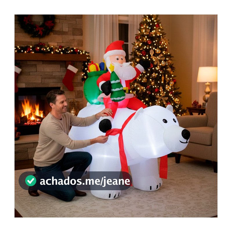 Urso Natalino Inflável Grande Luxo Feliz Natal 1,80 Metros Iluminação Bivolt Frente De Loja