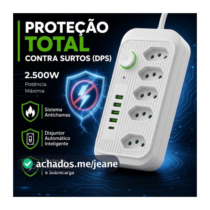 Régua Filtro de Linha com 5 Tomadas Extensão Elétrica 4 USB e 1 USB-C Bivolt 10A 110v/220v Cabo de 2 Metros