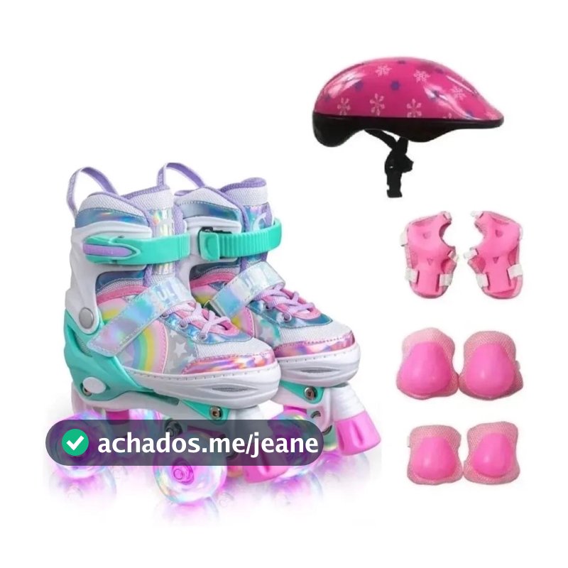 Patins Infantil Roller 4 Rodas Arco Íris com luz de led brilhantes e kit Proteção