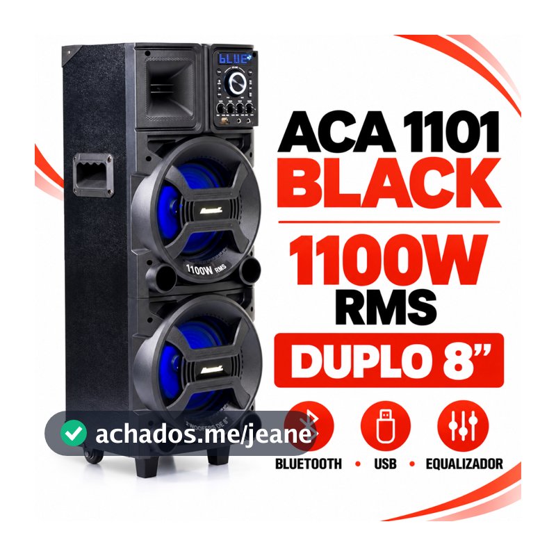 Caixa de Som Amplificada Amvox ACA 1101 Black Duplo 8” 1100W RMS Bluetooth USB Bivolt