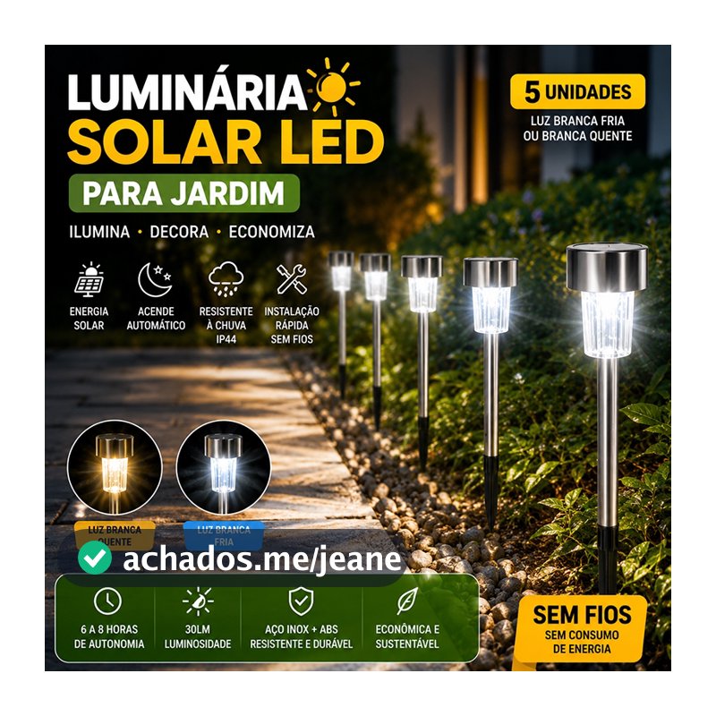 Kit 5/10 Luminária Solar de Jardim com Espeto IP44 Luz Quente/Fria para Caminho e Paisagismo