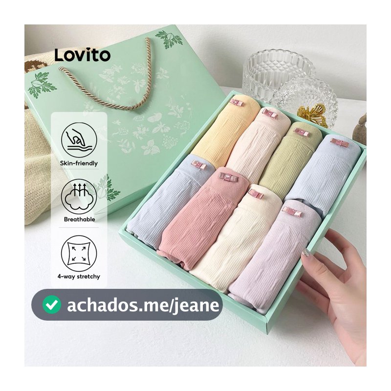 Lovito Casual Conjunto de 8 Calcinhas de Algodão Renda Respiráveis e Elásticas Multicoloridas para Mulheres LNE1132X066