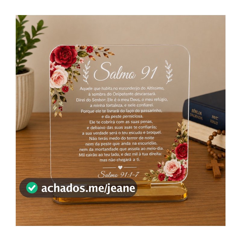 Placa de Mesa Salmo 91  Decorativa Oração Salmos 91 em Acrílico 15x15cm