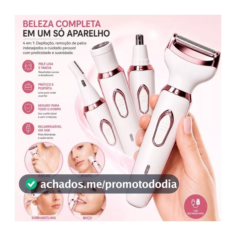 Depilador Elétrico Feminino 4 em 1 Sem Dor Recarregável USB para Corpo Rosto e Sobrancelha