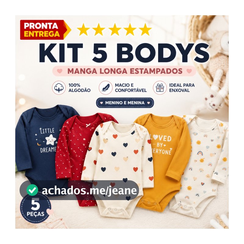 Kit 5 Peças Roupinha Enxoval de Bebê Body Manga Longa Estampado 100% Algodão