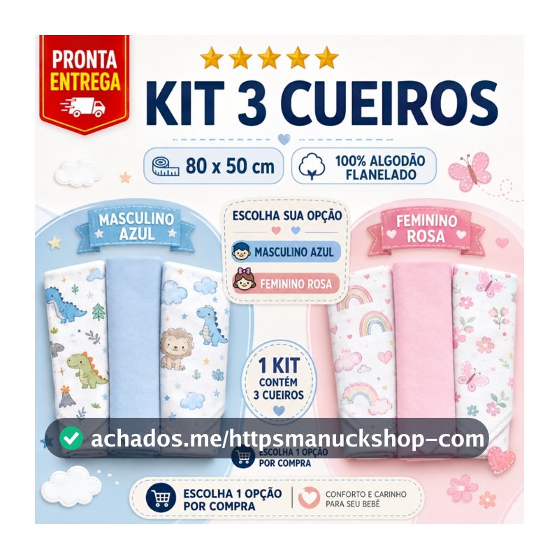 Kit 3 Cueiro Flanelado Estampado 50 x 80 Enxoval Infantil Bebê Menino Menina