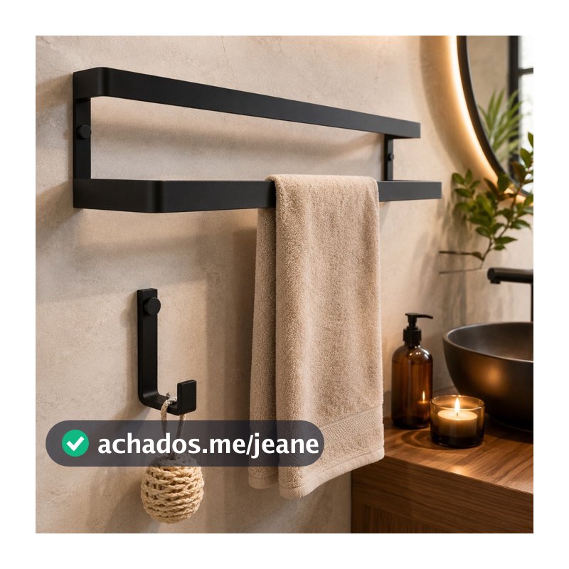 Suporte Porta Toalhas Banho Duplo Toalheiro Quadrado 60cm + Ganchinho Gancho Multiuso Suporte Lavabo