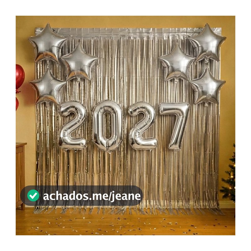 Kit Balão 2027 Réveillon Ano Novo (Tamanho 40cm ou 80cm) c/ Cortina e Estrelas Metalizadas