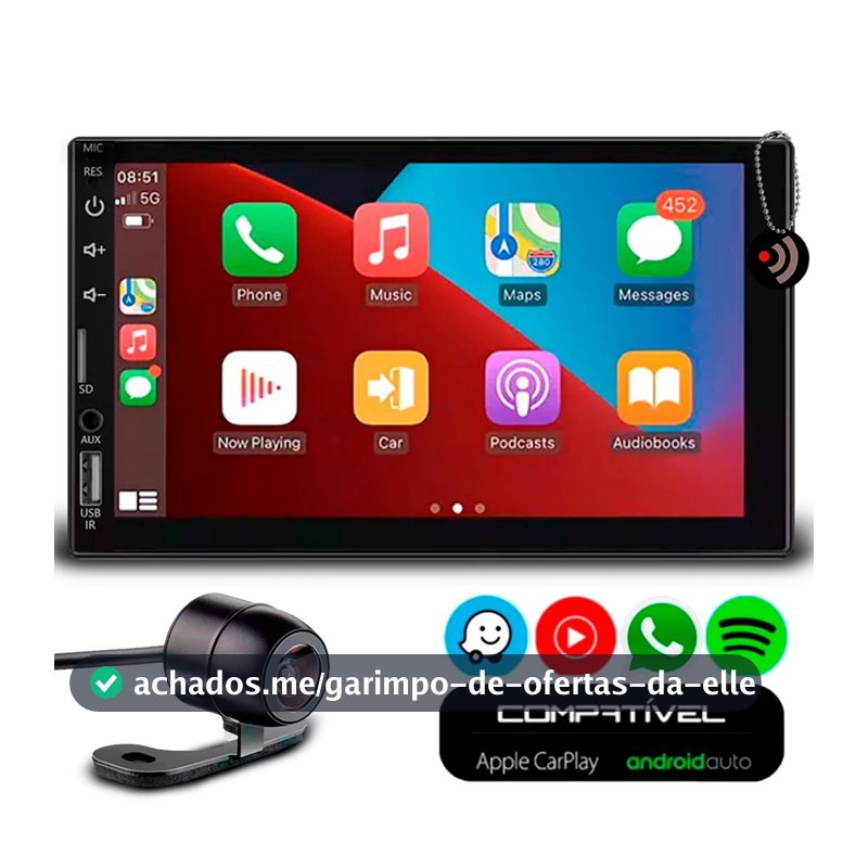 Multimídia 7 Polegadas CarPlay e Android Auto Bluetooth Usb Full Touch + Câmera de Ré Universal Colorida
