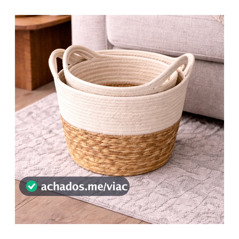 Cesto Decorativo Organizador Fibra Natural Bicolor C/ Alça Estilo Boho Sala Quarto Banheiro