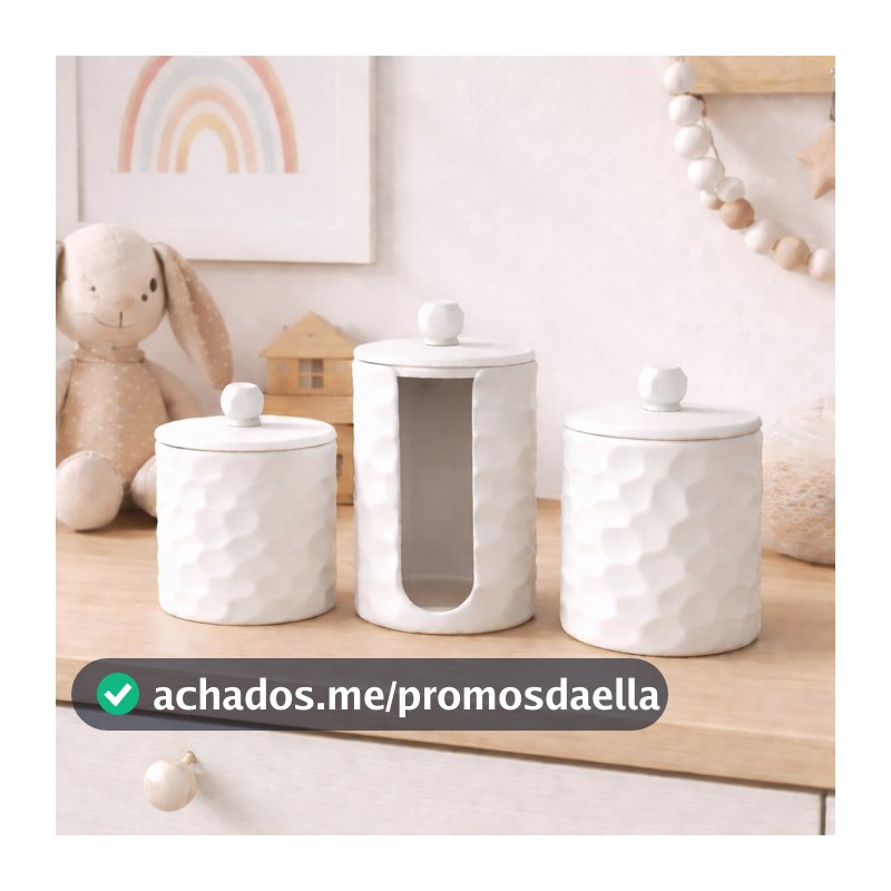 Kit Higiene Bebê Criança Luxo 3 Peças Porta Algodão Cotonete e Laços Maquiagem Organizador Decorativo Infantil