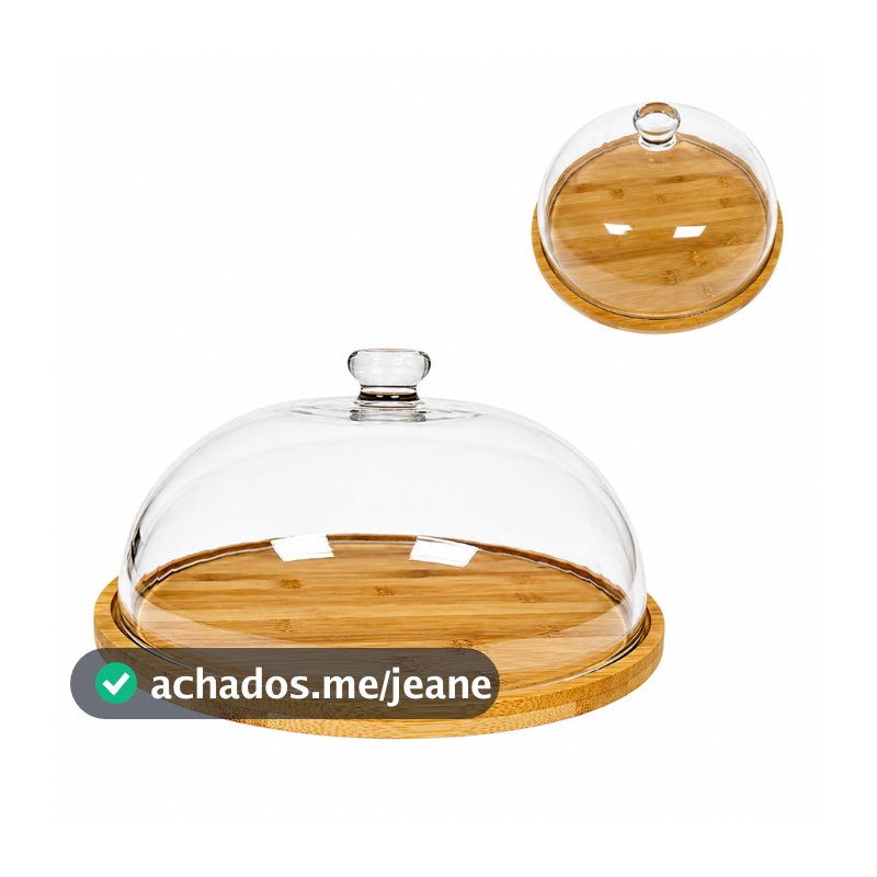 Porta Bolos Boleira Tampa de Vidro C/ Base em Madeira 29cm