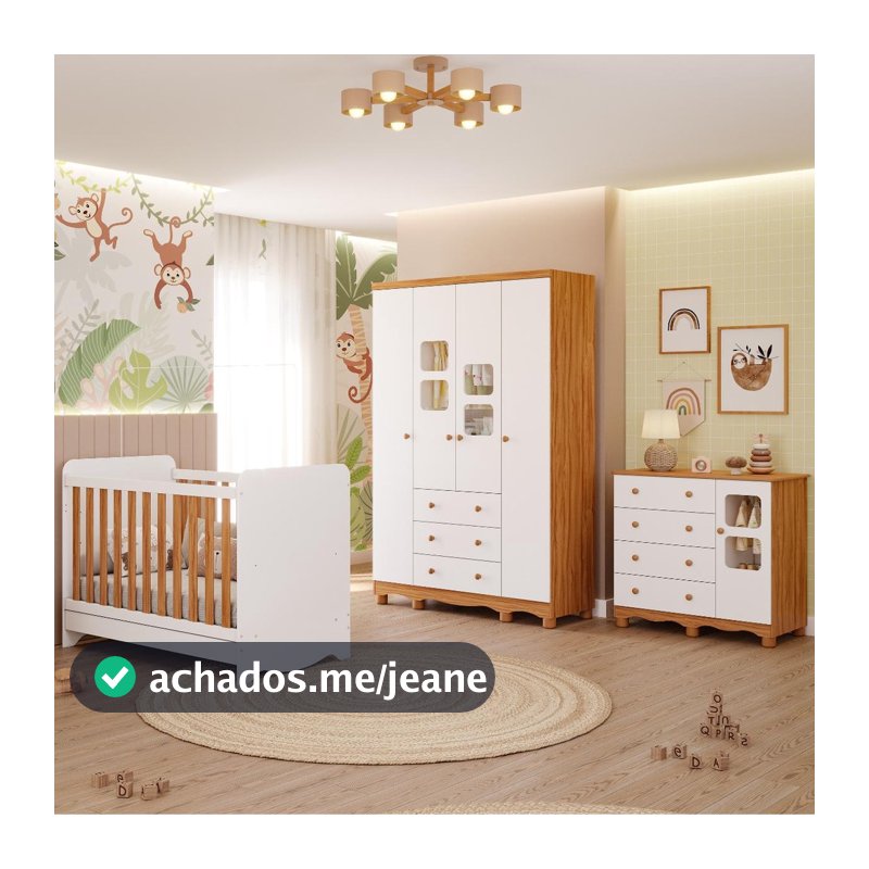 Quarto Bebê Completo Berço Americano Ben 3 Em1 Guarda Roupa 4 Portas e Cômoda Uli 4 Gavetas 100% MDF