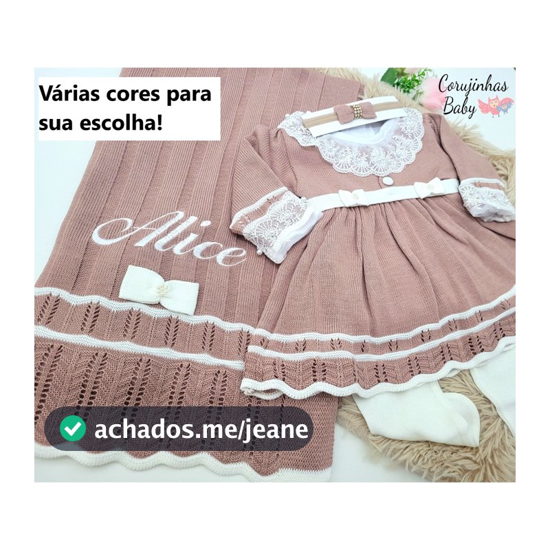 Saída de maternidade em tricô de luxo menina personalizada com o nome do bebê
