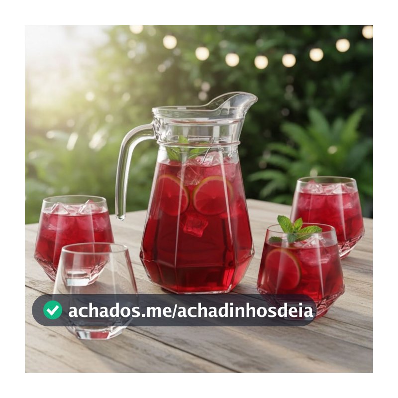 Jarra de Vidro com Tampa + 4 Copos Luxo Cozinha 1L e 260ML Agua Suco Mesa Posta Diamond Kit Conjunto