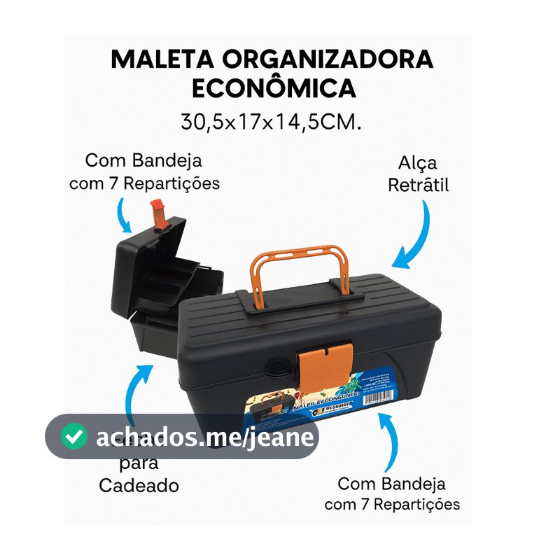 Maleta com bandeja de plastico organizadora / ferramentas /pescaria preta e laranja 30,5X13X15,5CM