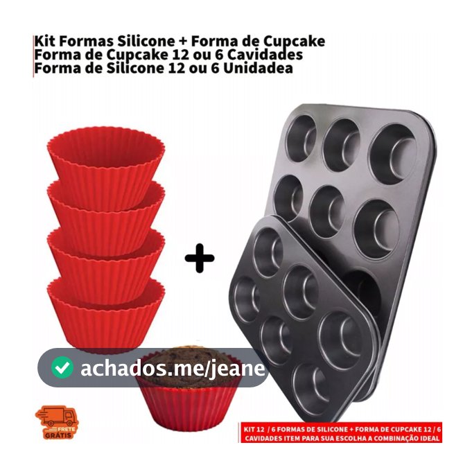 Kit 12 ou 6 Forminhas de Silicone Não Gruda + Forma de Cupcake 12 ou 6 Cavidades Antiaderente Empada