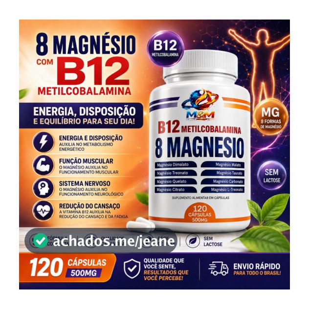 8 Magnésios + vitamina b12 original Metilcobalamina 120 OU 60 Cápsulas