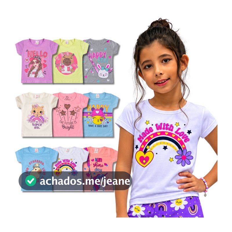 KIT 3 ou 5 Camisetas Baby Look 100% Algodão Sortido Feminina/Menina Infantil e Juvenil do 1 ao 14