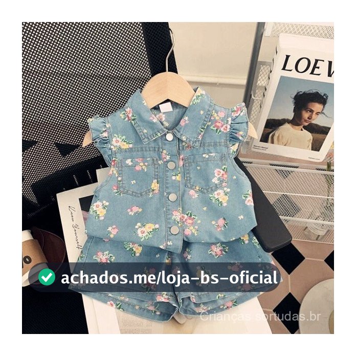 Conjunto de Verão para Meninas em Jeans Estampado, Top de Botão Único + Shorts Conjunto de Duas Peças
