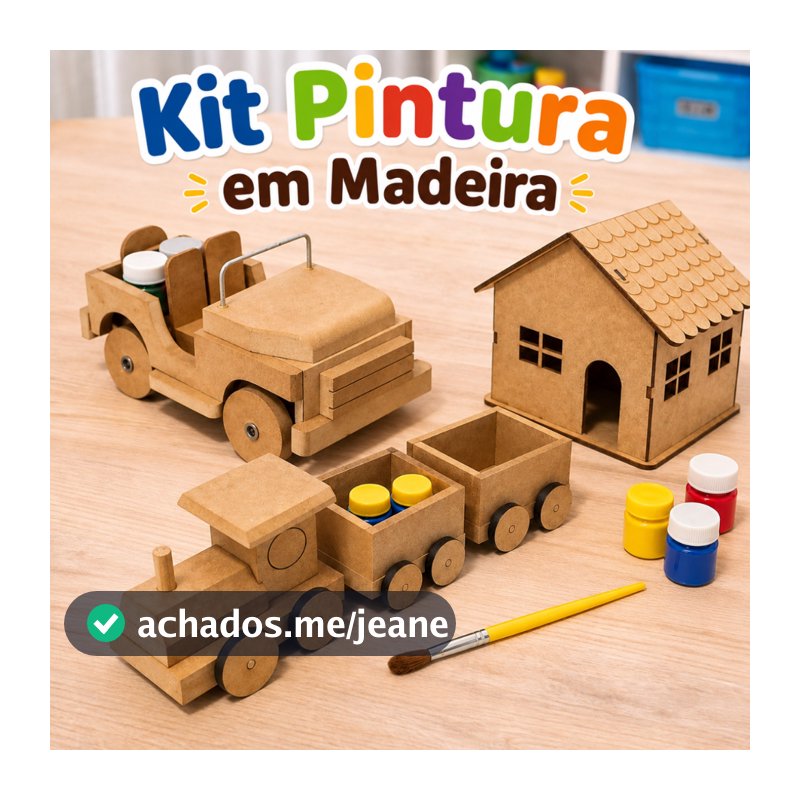 Kit Pintura Infantil Criativo Em Madeira Trenzinho Jeep Casinha 3 Tintas e Pincel Pedagógico Educativo