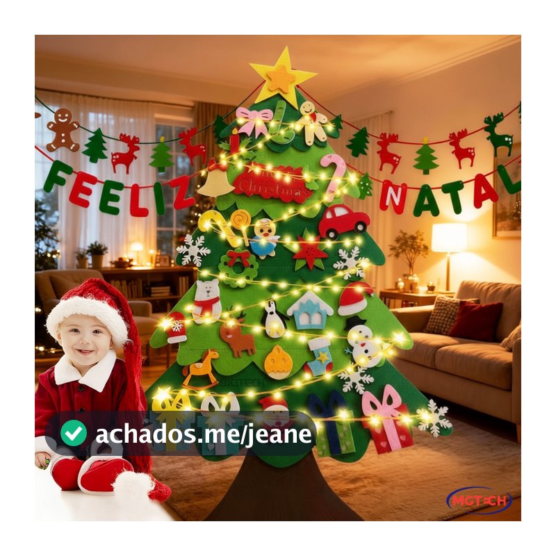 Árvore De Natal Montessori Em Feltro Com 32 Apliques E Luzes Decoração Banner De Natal Ambiente
