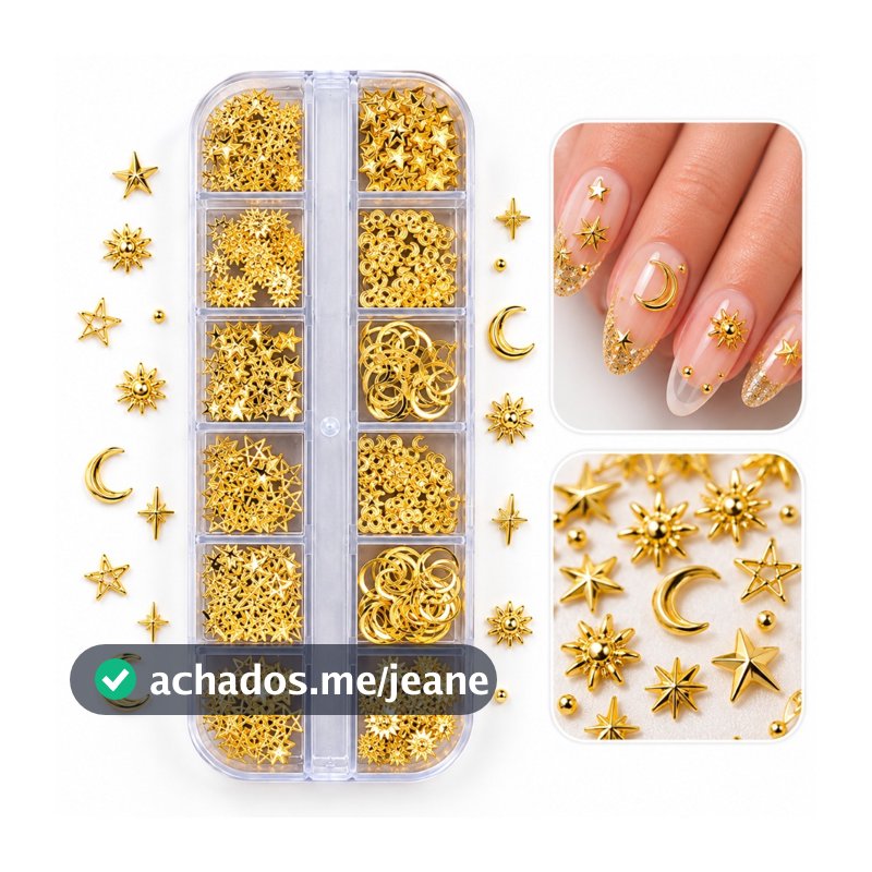 Caixa 12 Compartimentos Decoração para Unhas Dourada Estrela Lua Charms Nail Art 3D