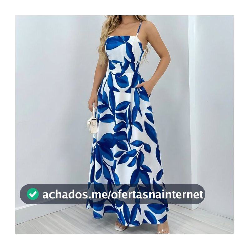Vestido Longo Feminino Alça Fina Estampa Floral Cintura Alta Moda Verão Tropical
