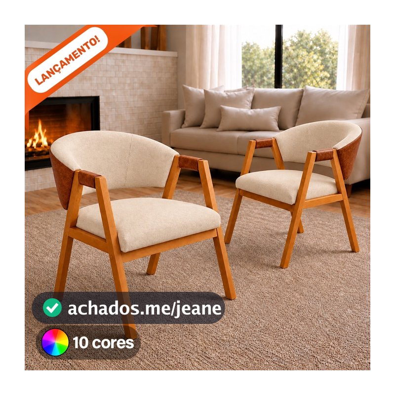 Kit 2 Poltronas Hellen Suellen Decorativa Para Sala Linho Courino Pés de Madeira Aninha Poltronas