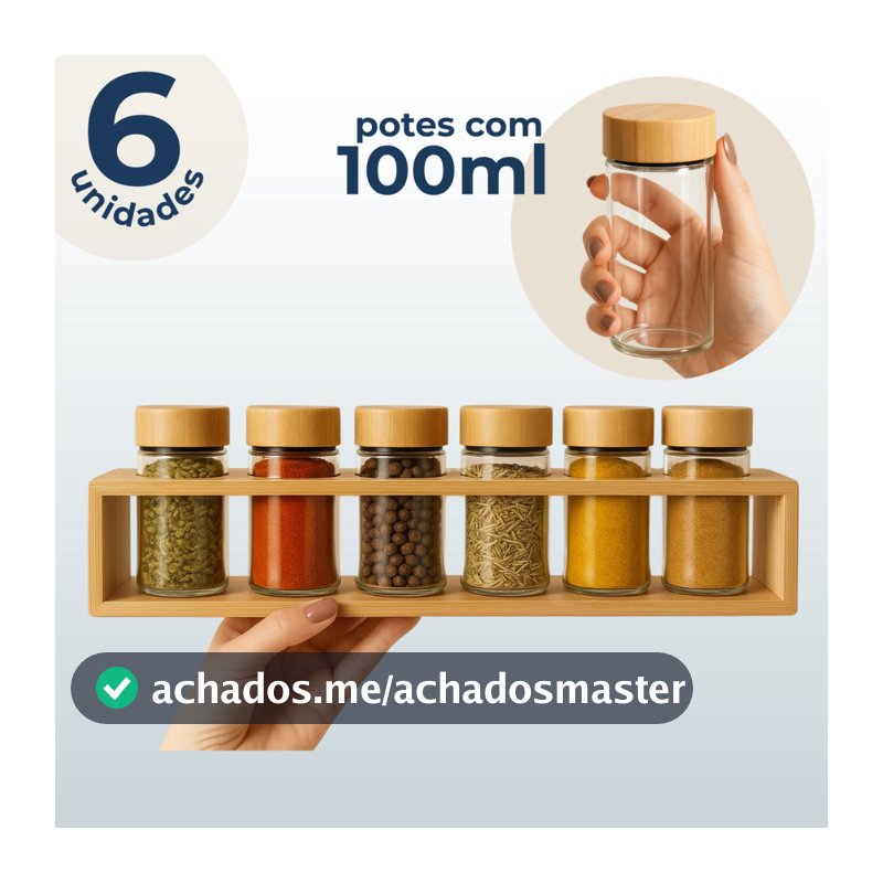Kit 6 Potes De Vidro Porta Tempero Condimentos 100ml Com Suporte E Tampa Em Bambu