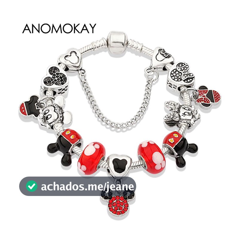 Pulseira Prateada com Pingentes do Mickey/Minnie Esmaltados/Cristal/Fashion para Presente